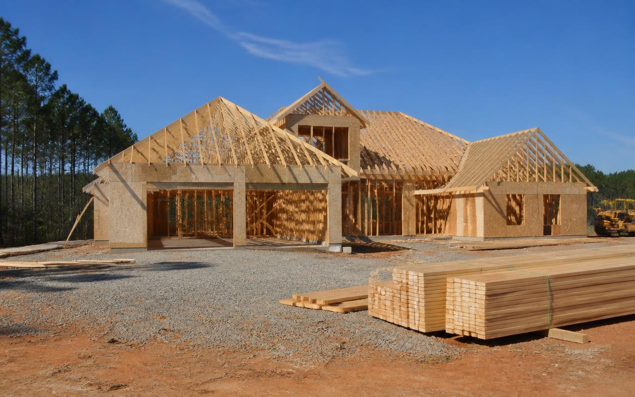 Home under construction on a rural lot with framing and roof trusses in place