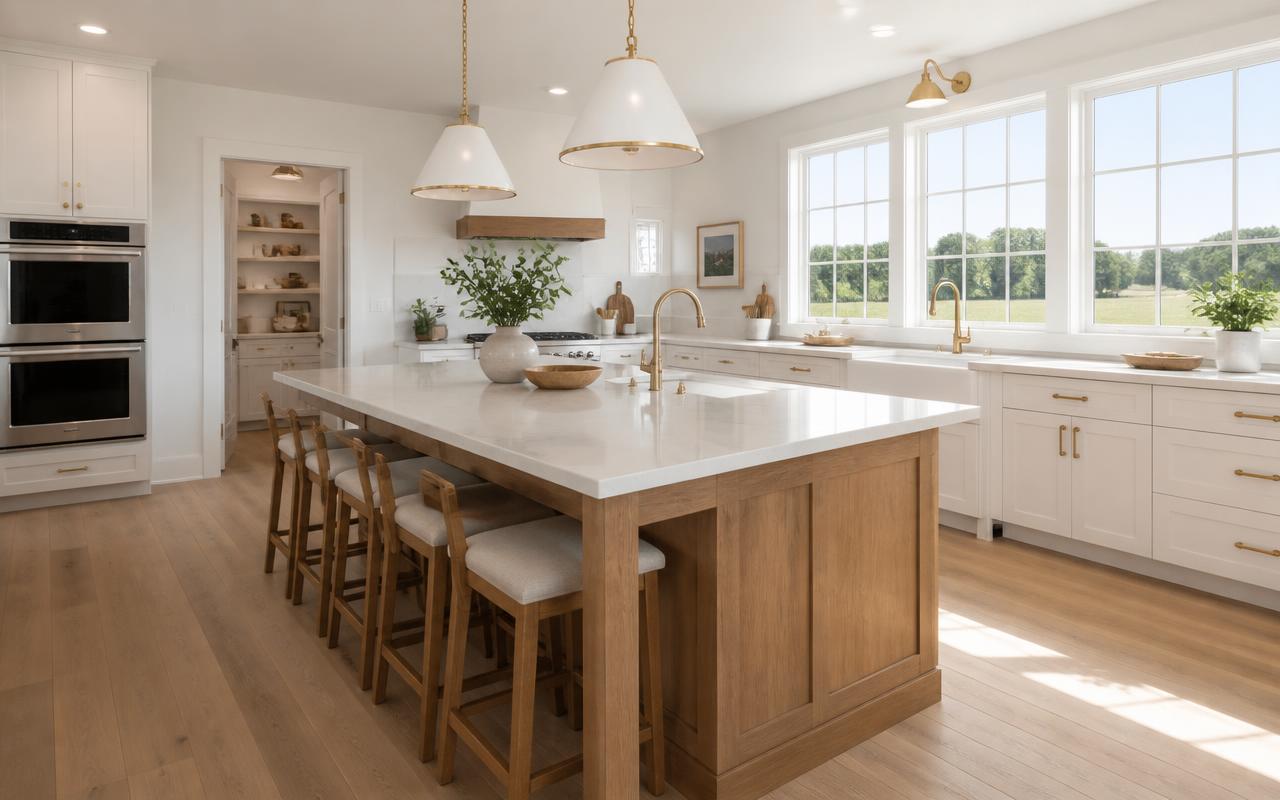 3D render of a bright modern kitchen with oak island and windows overlooking land