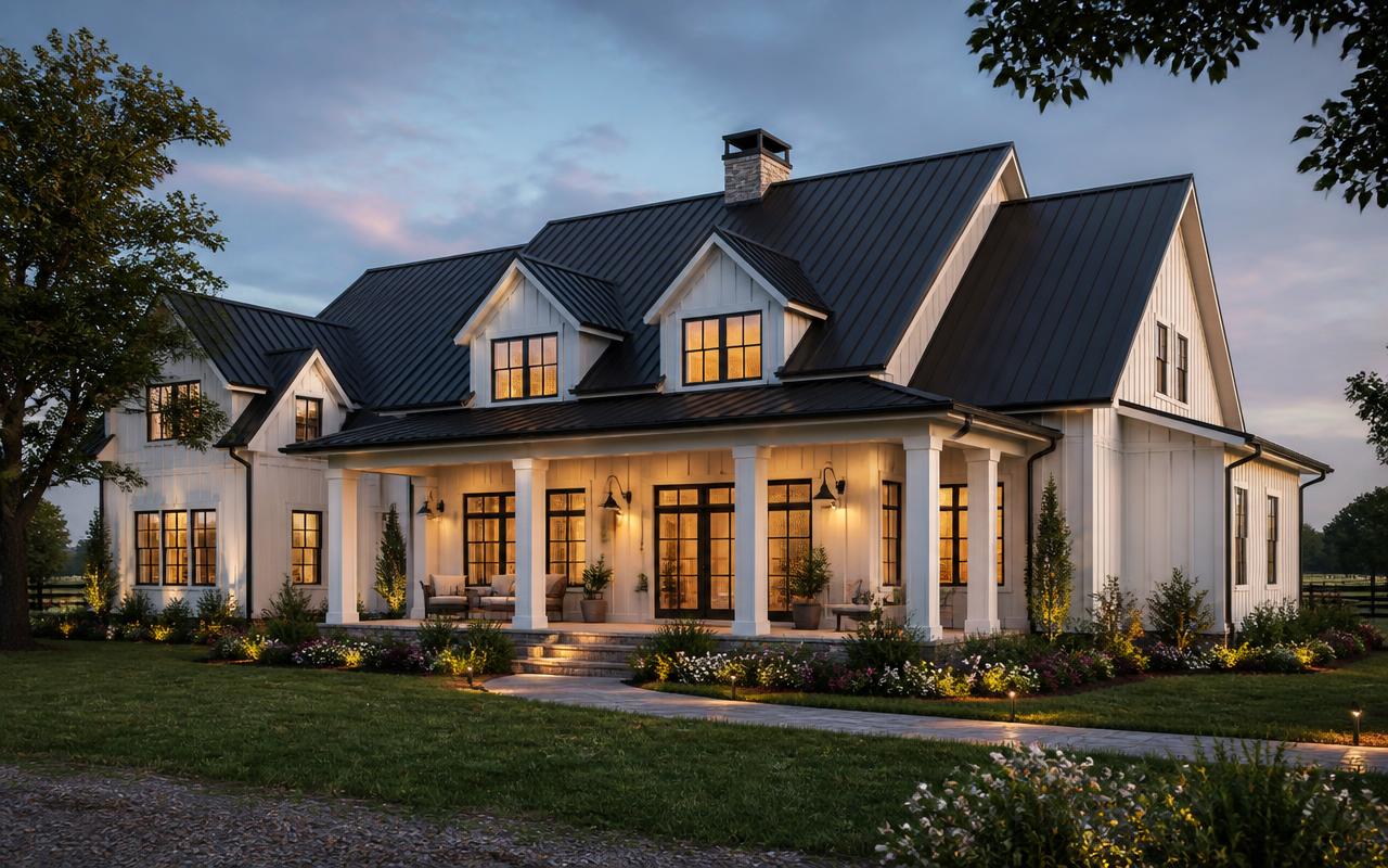 3D render of a modern farmhouse home exterior at dusk with lit porch